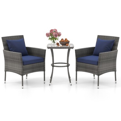 Tangkula 3-Piece Patio Furniture Set PE Wicker Conversation Bistro Set w/ A Tempered Glass Table