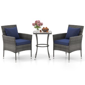 Tangkula 3-Piece Patio Furniture Set PE Wicker Conversation Bistro Set w/ A Tempered Glass Table - 1 of 4