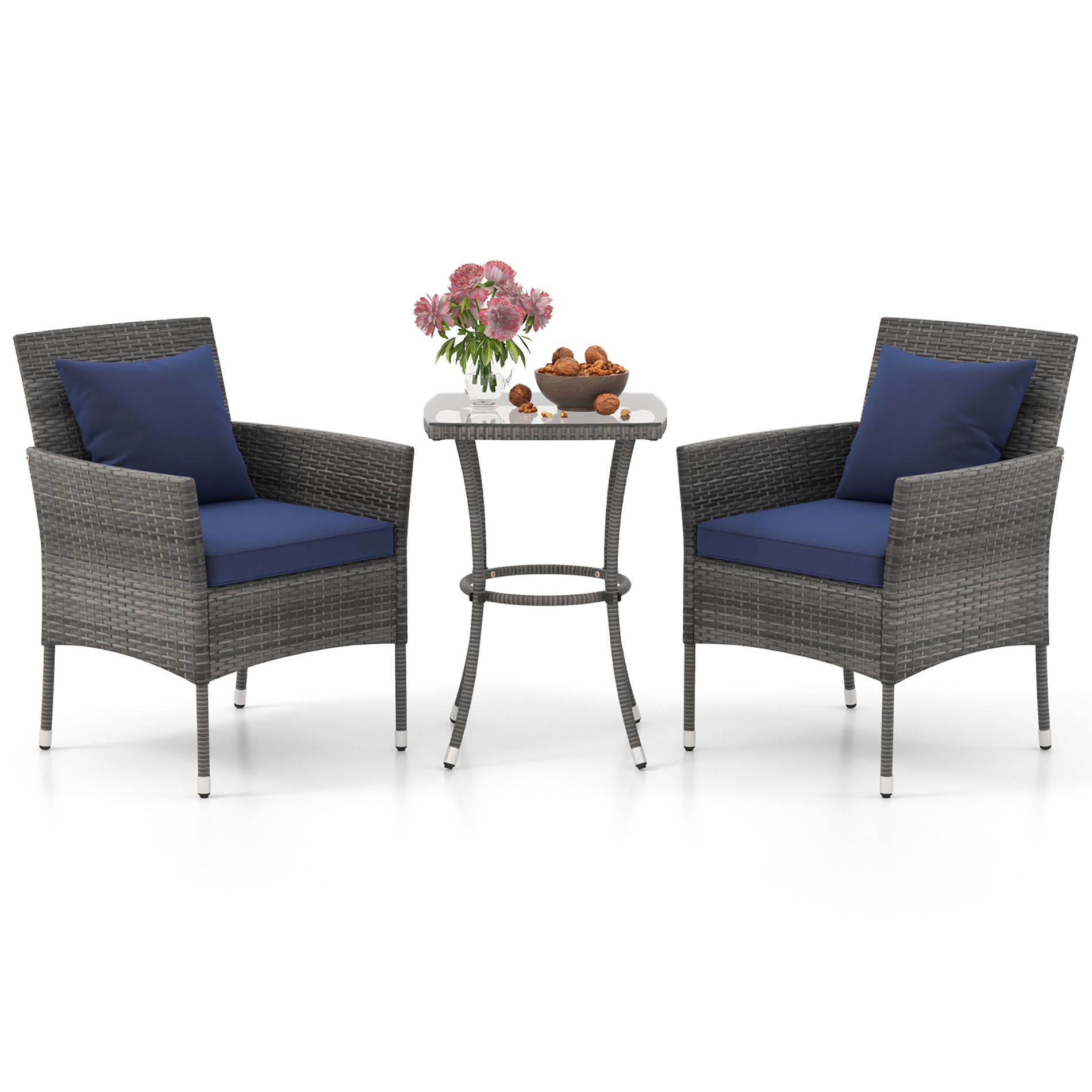 Tangkula 3-Piece Patio Furniture Set PE Wicker Conversation Bistro Set w/ A Tempered Glass Table Navy