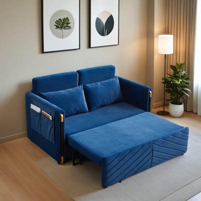 54" Wide Convertible Sofa Bed, Couch with Pull-Out Bed, Velvet Sleeper Sofa with Adjustable Backrest, 2 Arm Pockets and Pillows - Leovsnove