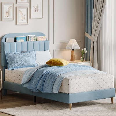 Twin Bed Frame with Storage Headboard Velvet Upholstered Platform Bedframe for Kids/Girl Bed Strong Wooden Slats Noise-Free Easy Assembly, Beige