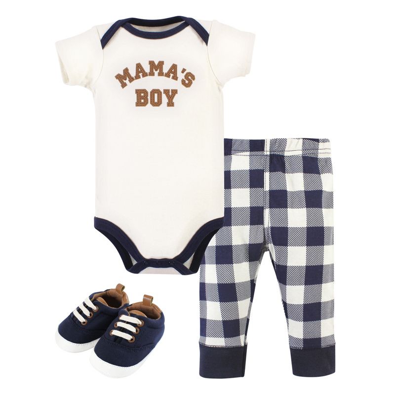 Hudson Baby Infant Boy Cotton Bodysuit, Pant and Shoe Set, Brown Navy Mamas Boy, 1 of 6