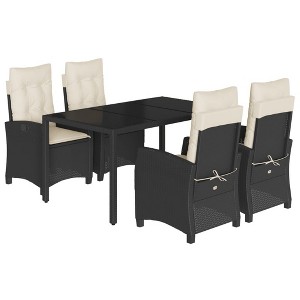 vidaXL 5 Piece Patio Dining Set with Cushions - Black Poly Rattan, Adjustable Reclining Chairs, Glass Tabletop, Outdoor/Garden/Backyard Furniture - 1 of 4