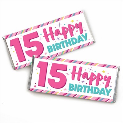 Big Dot of Happiness Girl 15th Birthday - Candy Bar Wrapper Teen Birthday Party Favors - Set of 24