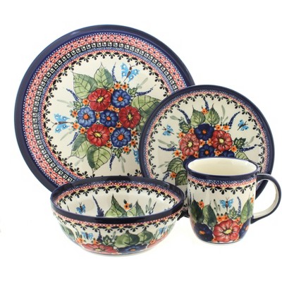 Blue Rose Polish Pottery Floral Butterfly 16 Piece Dinner Set