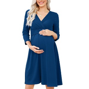 Women's Maternity Dress 3/4 Sleeve V Neck Nursing Dresses Casual A Line Ruffle Party Midi Dress - 1 of 4