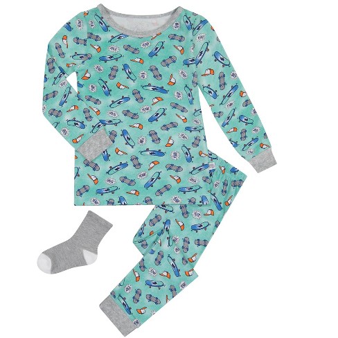 Sleep On It Infant/Toddler Boys Skate On Snug Fit 2-Piece Pajama Sleep Set  With Matching Socks - Green, 3T