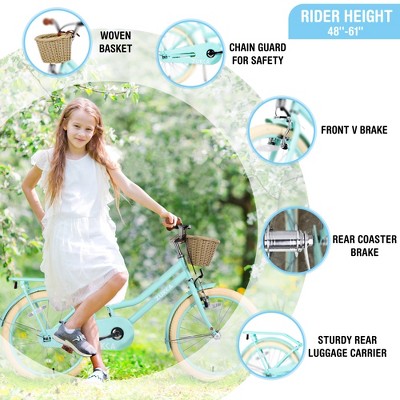 YONWAY 20 Inch Girls Bike, Princess Girls Kids Single Speed Bike, Beach Cruiser for Kids, With Basket And Bell Adjustable Seat Height For Kids