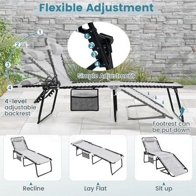 Gray Adjustable Folding Metal Outdoor Chaise Lounge Chair