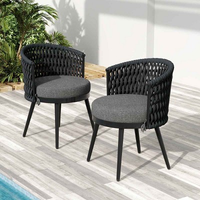 Set of 2 Outdoor Dining Chairs, Dining Chair with Handwoven Rope and Ergonomic Backrest, Chair with Metal Frame and Cushion-Coolbibila