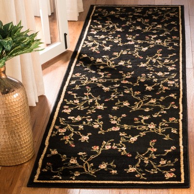 Black Floral Synthetic Low Pile Runner Rug