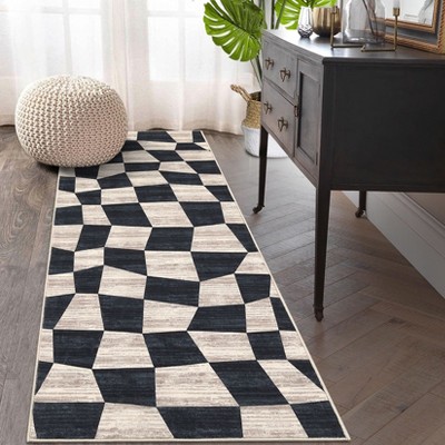 Modern Runner Rug 2x6 Washable Kitchen Rugs Non Slip Warped Checkered Pattern Carpet Runner Low Pile Foldable Geometric Throw Rug for Entryway