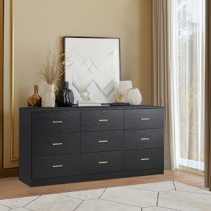 Gulches Modern Black 9-Drawer Dresser Wide Chest of Drawers with Golden Handles, Sturdy Engineered Board - 1 of 4