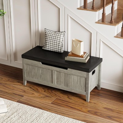 Garvee Storage Bench, 39.4” Wooden Storage Trunk Chest with U-Shaped Cut-Out Pull & Safety Hinge, Shoe Bench with Seat Cushion , Supports 260 LBS