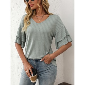 Coolmee Women's V Neck Tops Dressy  Ruffle Sleeve T Shirts Trendy Blouses - 1 of 4