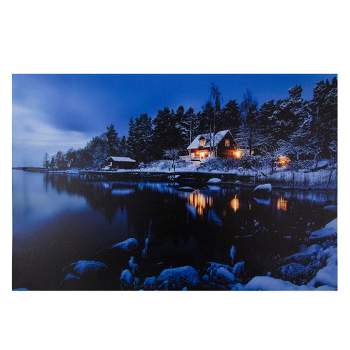Northlight 23.75" LED Lighted Rustic Lodge Cabin on the Lake Canvas Wall Art