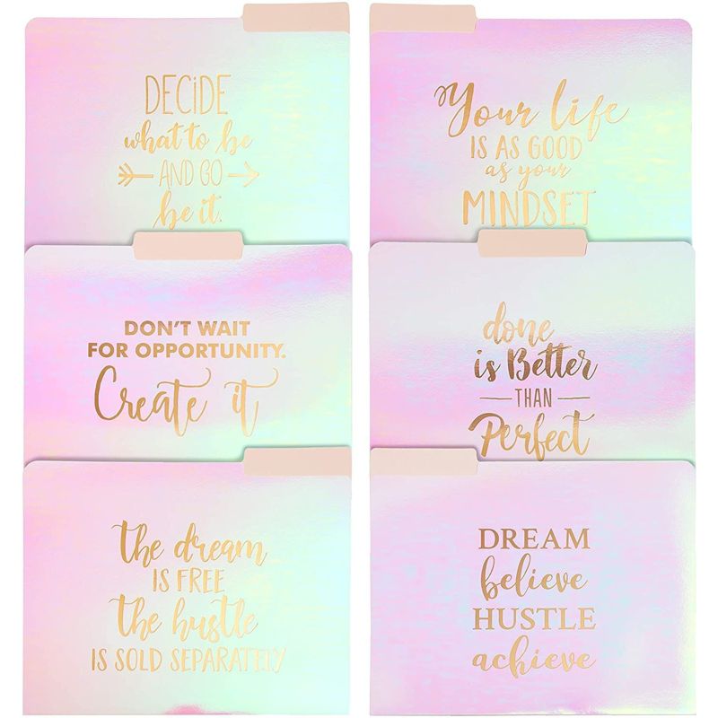 12 Pack (2 of Each) Motivational Iridescent File Folders, Letter Size (9.5 x 11.5 inches), Durable Cardstock Pink with Rose Gold Foil, 6 Designs, 1 of 8