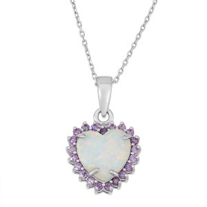 Opalata Sterling Silver White Inlay Opal with Amethyst CZ Border Heart 18" Pendant Necklace - White - 1 of 2