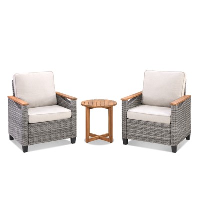 Buenhomino 3-Piece Outdoor PE Wicker Chair & Table Set – 2 Lounge Chairs & Side Table with Cushions, All-Weather Patio Seating Set