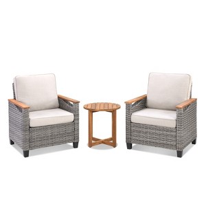 Buenhomino 3-Piece Outdoor PE Wicker Chair & Table Set – 2 Lounge Chairs & Side Table with Cushions, All-Weather Patio Seating Set - 1 of 4
