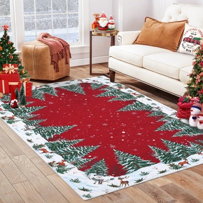 Garvee Red Snowman Deer Tree Christmas Area Rug Winter Home Decor Low-Profile Washable Rug for Entryway Bedroom Living Room Laundry Room Indoor