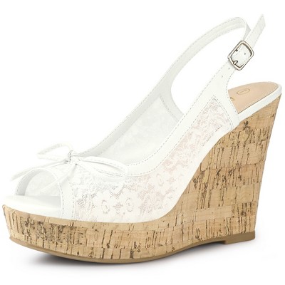 Allegra K Women's Casual Wood Platform Heels Bow Lace Wedge Sandals