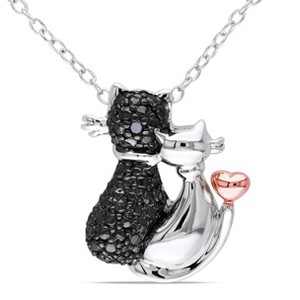 EVERLY JEWELRY | Two-Tone Silver with Black Rhodium Black Diamond Cat Love Pendant with Chain - 1 of 4