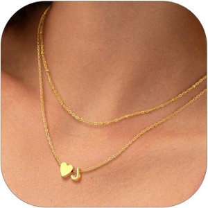 Layered Heart Initial Necklace for Women, Stainless Steel/18K Gold Dainty Letter Charm Gold-Plated-L J - 1 of 4