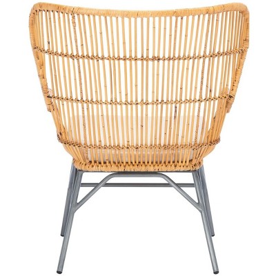 Coastal Bohemian Natural Rattan Fanback Accent Chair with White Cushion