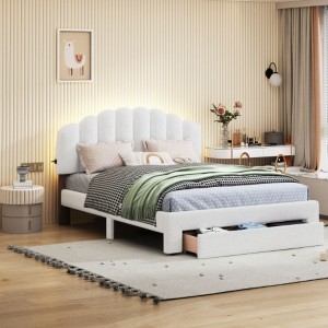 Queen-Size Upholstered Platform Bed in Teddy Fleece with Storage Compartment - 1 of 4