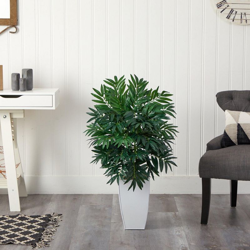 Nearly Natural 3-ft Bamboo Palm Artificial Plant in White Metal Planter, 3 of 5