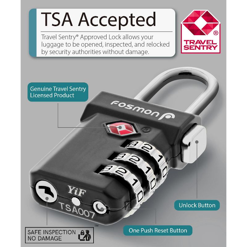 Fosmon TSA Accepted Luggage Lock with 3-Digit Combination, Unlock Button and Open Alert Indicator, 3 of 8