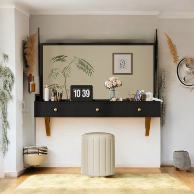 Alilang 47.00 Inch Wall-Mounted Vanity Table with Ample Storage and Gold Accents - Black