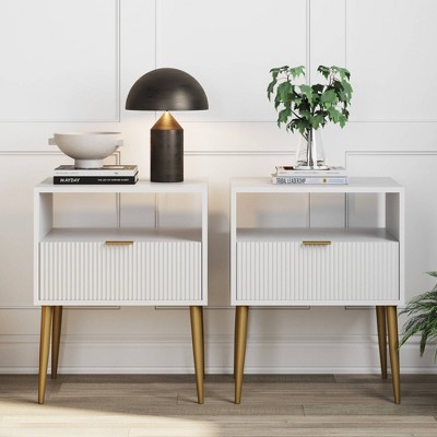 Jacklyn White and Gold Mid-Century Nightstands with Drawer, Set of 2