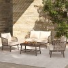 4-Piece Outdoor Patio Seating Set, Cushioned Seating with Acacia Table, Steel Frame Chairs with Woven Rope U-Shaped Backrest-Coolbibila - 3 of 4