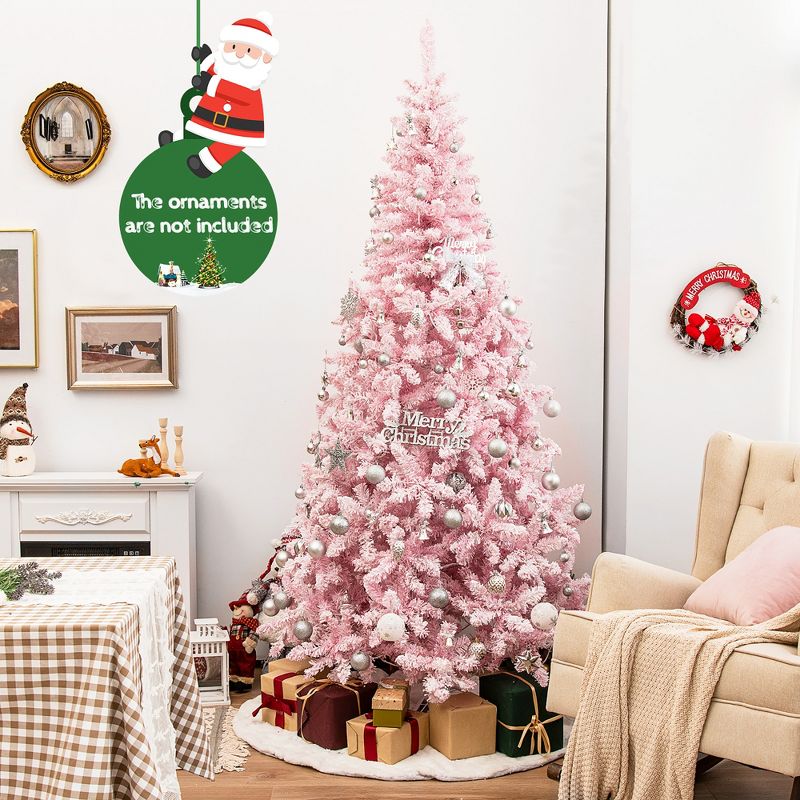 Costway 7.5FT Pre-Lit Snow Flocked Pink Christmas Tree 1100 Tips w/ 450 Lights & 8 Modes, 3 of 14
