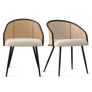 Panipeachy Rattan Dining Chairs Set of 2, Modern Upholstered Dining Armchair with Bouclé Seat, Black Matte Metal Legs - 1 of 4