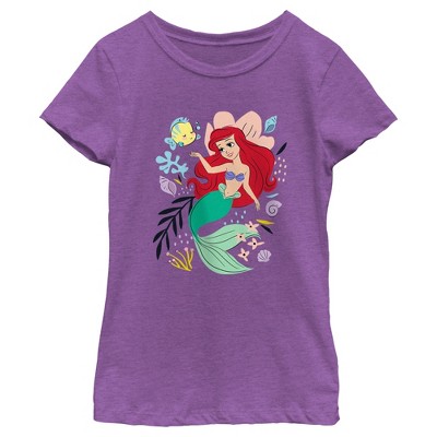 Girl's The Little Mermaid Ariel and Flounder Sea T-Shirt - Purple Berry -  Medium