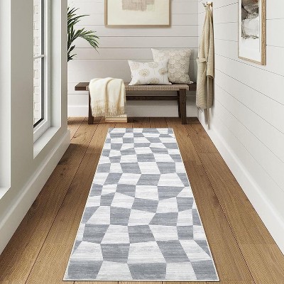 Acekool 2x6 Washable Plaid Rug – Modern Non-Slip Hallway Carpet, Stain-Resistant Geometric Design in Coastal Blue