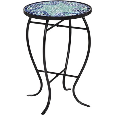 Teal Island Designs Modern Black Round Outdoor Accent Table 14" Wide Light Green Mosaic Tabletop for Porch Patio Entryway House