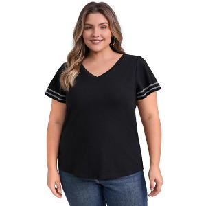 GRACE & GRANDEUR Women's Plus Size Contrasting Striped Colors V Neck Ruffle Short Sleeves Summer T-Shirts - 1 of 4