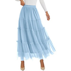Tulle Skirts for Women 2025 Fall Fashion Elastic High Waisted Fairy Tiered Flowy A-Line Casual Maxi Long Skirt Army Light Blue - 1 of 4