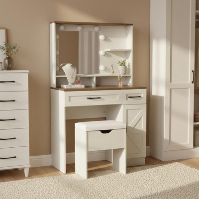 Homy Casa Farmhouse Vanity Set with Lighted Mirror and Storage Stool, White Oak