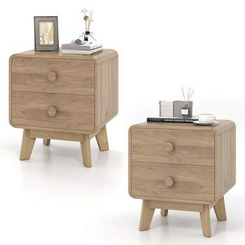 Costway 1/2 PCS Modern Style 2-Drawer Nightstand Bedside Table with Solid Rubber Wood Legs Brown