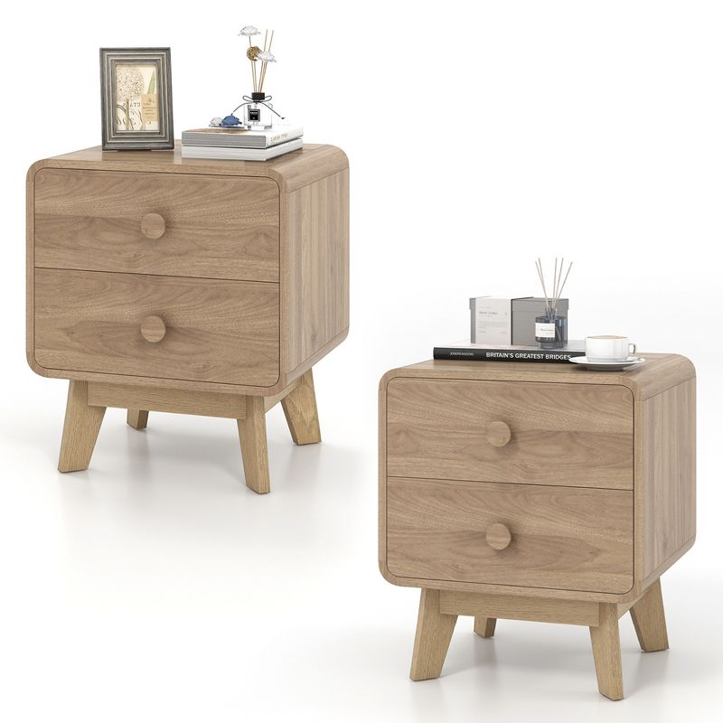Costway 1/2 PCS Modern Style 2-Drawer Nightstand Bedside Table with Solid Rubber Wood Legs Brown, 1 of 10