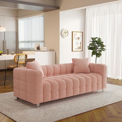 87.4'' Velvet 3 Seater Sofa with Bubble Upholstery, Modern Upholstered Couch with Metal Legs and 2 Pillows for Living Room-Maison Boucle