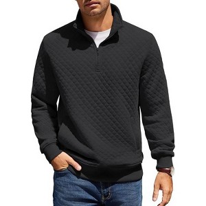 COOFANDY Mens Quarter Zip Pullover Quilted Sweatshirt Knit Long Sleeve Mock Neck Sweater Polo with Pocket Black XXL - 1 of 4