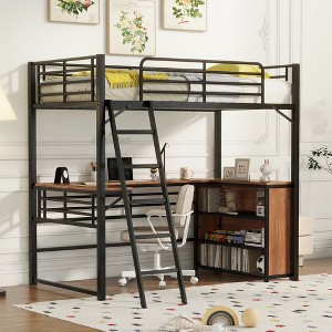 ALEXOUN Metal Loft Bed with Built-in Desk and Three Storage Shelves,Sturdy Bedframe with Full-Length Guardrails,for Kids' Bedroom,Dorm - 1 of 4