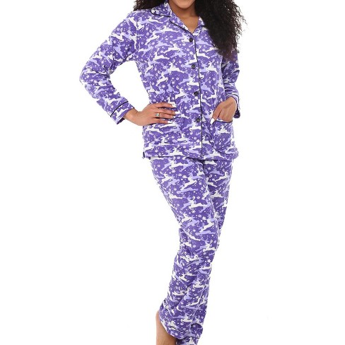 ADR Women's Plush Fleece Pajamas Set, Button Down Winter PJ Set Reindeer on  Purple Small