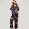 Anna-Kaci Lounge Women's Satin Button-Up Pajama Set with Short Sleeve Notch Collar Top and Wide Leg Pants in Ribbon Print - 2 of 4